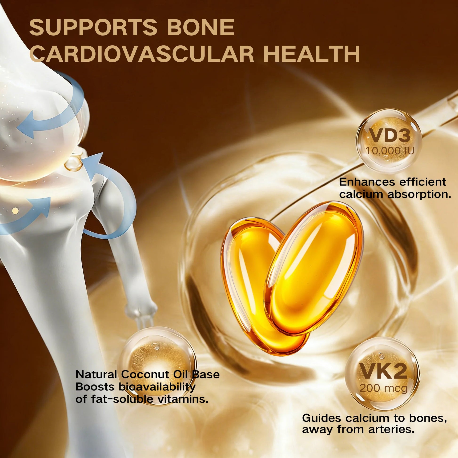 Vitamin D3K2，assists calcium absorption, trace ingredient vitamin supplement soft capsule Peaceful Pleasures Health and Wellness