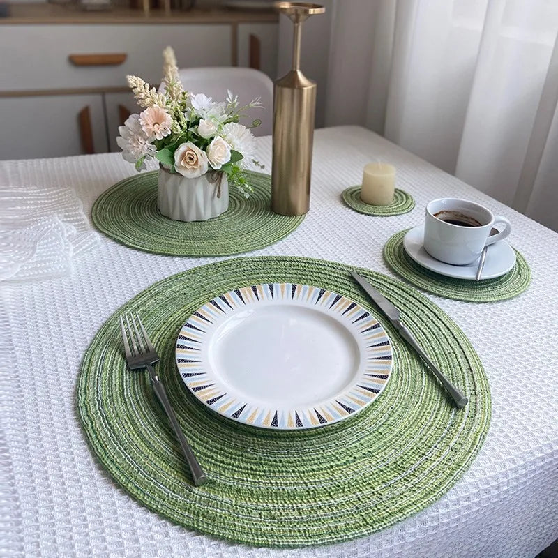 Nordic Style Imitation Cotton Yarn Placemat Round Ramie Woven Coaster Insulation Dish Mat Household Anti-scald Mat Peaceful Pleasures Health and Wellness