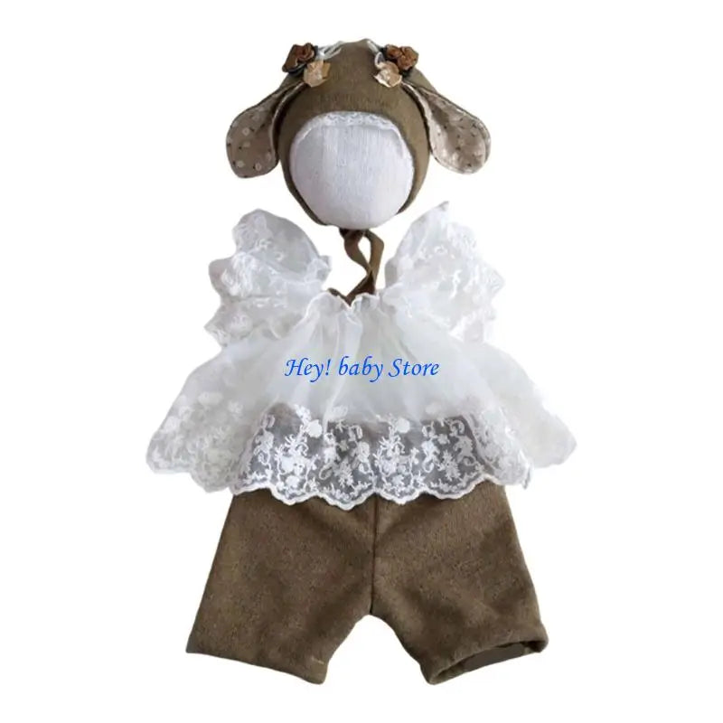 Newborn Photo Outfit | Lace Tulle Dress & Animal Ear Hat Set