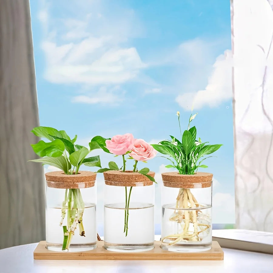 3 Pcs Acrylic Vase with Bamboo Tray – Clear Propagation Station Set for Tabletop Water Planting & Home Decor