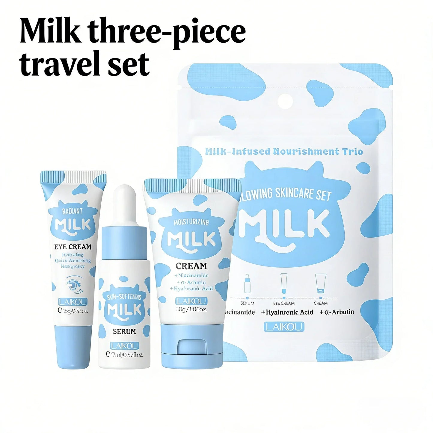 LAIKOU Milk Skincare Travel Set – Serum, Eye Cream & Face Cream 3pcs Peaceful Pleasures Health and Wellness