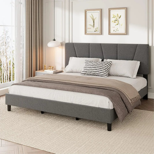 Adjustable Headboard King Size Bed Frame with Linen Upholstery, Sturdy Wooden Slats, Easy Assembly Peaceful Pleasures Health and Wellness United States