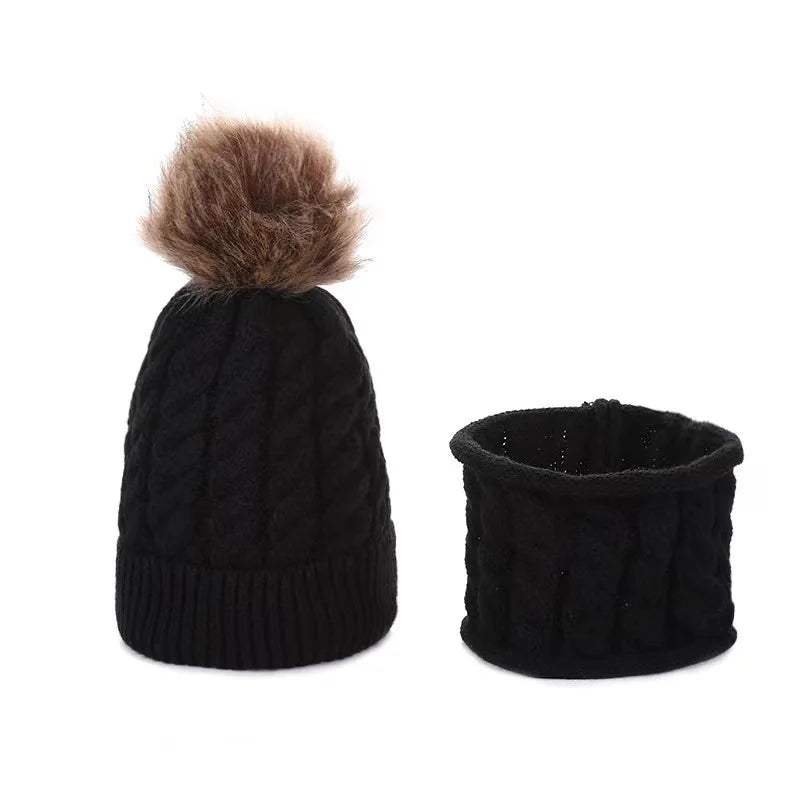 2pcs/set Children's Woolen Hat & Neck Scarf Set, Winter Solid Color Outdoor Cycling Thickened Warm Knitted Hat Peaceful Pleasures Health and Wellness Black