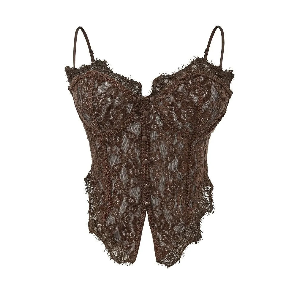 Lace Camisole Crop Top – Sheer Fishbone Suspender Vest Women