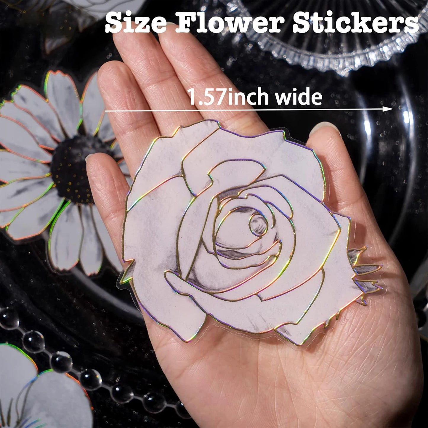 Black and White Flower Stickers with Gold Holographic Outlines, Glitter Shiny Waterproof Decals for Scrapbooking, Journal Peaceful Pleasures Health and Wellness