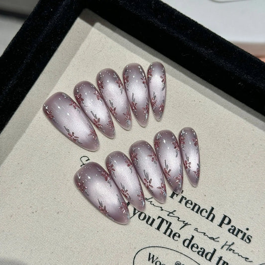 Handmade Press on Nails Hand-painted Flowers Fake Nails Full Cover Wearable Shiny Purple Cat Eye Almond False Nail Patches Peaceful Pleasures Health and Wellness S