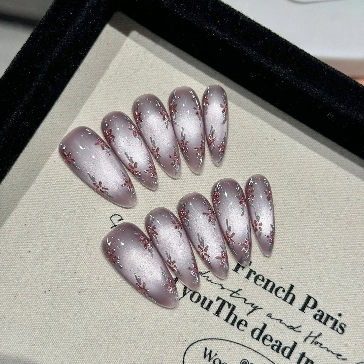 Handmade Press-On Nails Lamei Flower Red Cat Eye | YADORNOS
