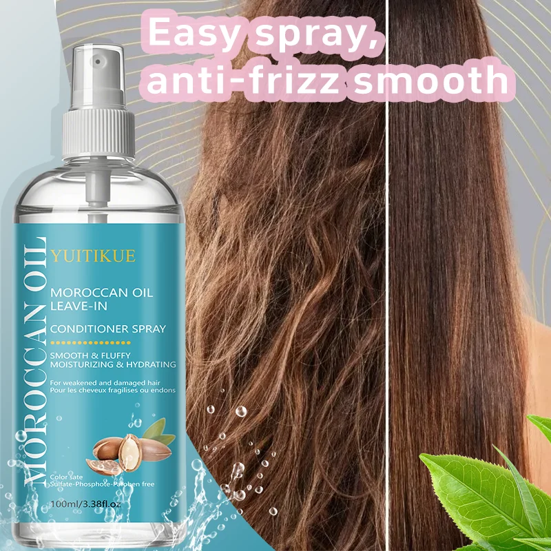 YUITIKUE Moroccan Oil Leave-In Conditioner Spray 100ml Smooth Fluffy Moisturizing Hydrating for Damaged Hair Peaceful Pleasures Health and Wellness
