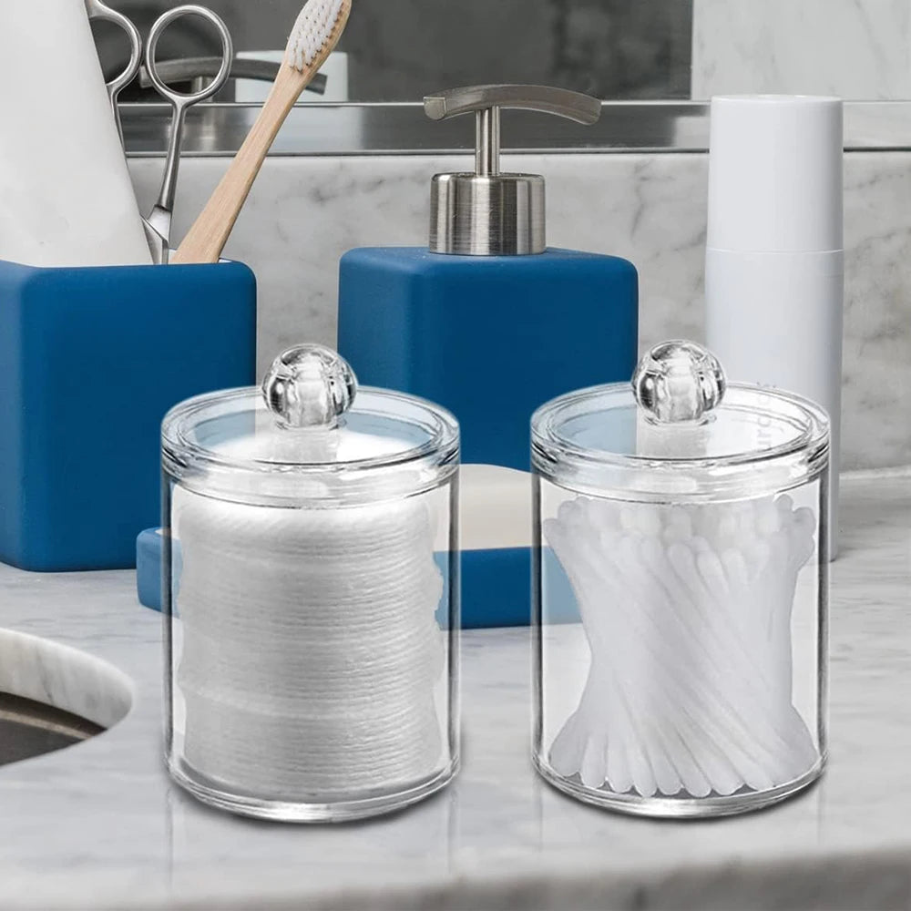 Q-tip Holder Storage Canister with Lid – 2-Pack Clear Apothecary Jar Organizer for Cotton Balls, Swabs & Floss