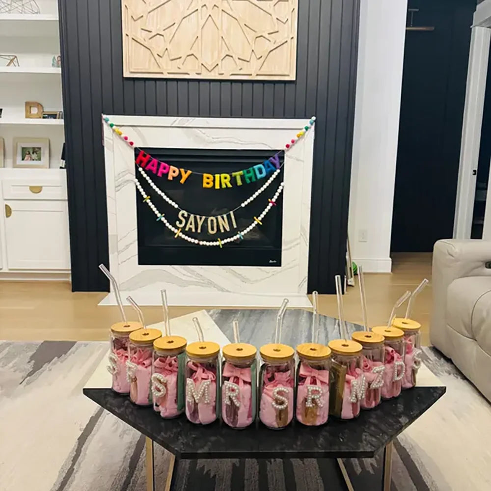 Personalised Pearl Letter Mugs Teen Girl Birthday Party Favor Glass Cup with Lid Straw Spa Sleepover Party Wedding Bridal Shower Peaceful Pleasures Health and Wellness