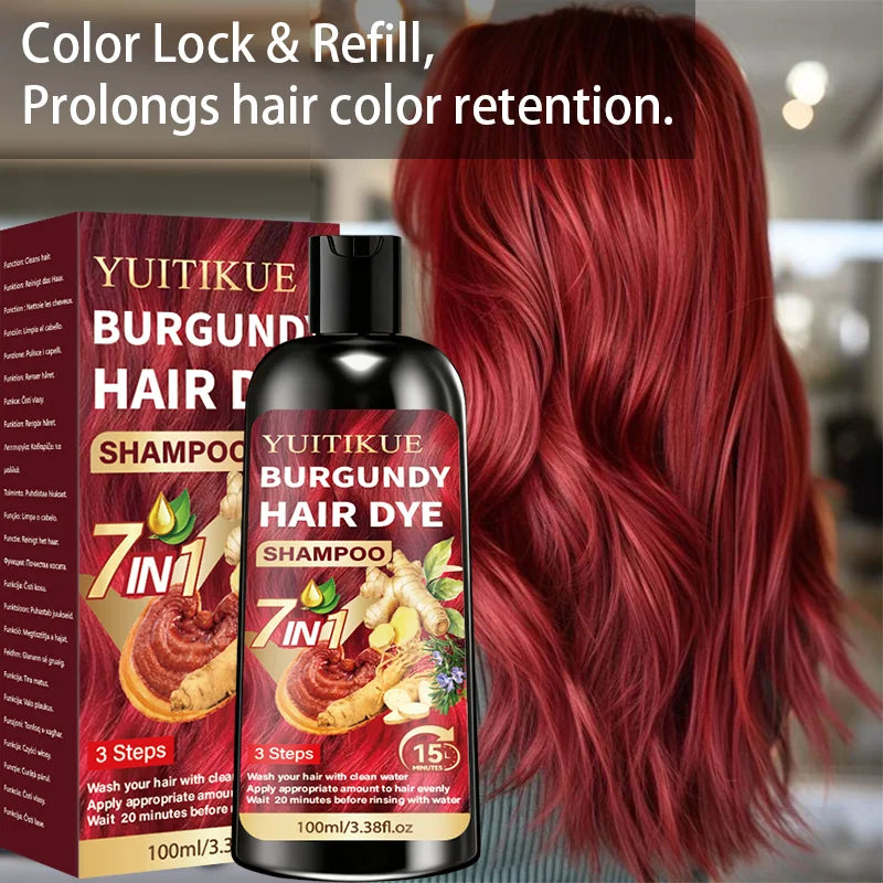 YUITIKUE 7 IN 1 Burgundy Hair Dye Shampoo Natural Ginger Herbal Long Lasting Moisturizing At‑Home Hair Color Shampoo 100ml Peaceful Pleasures Health and Wellness