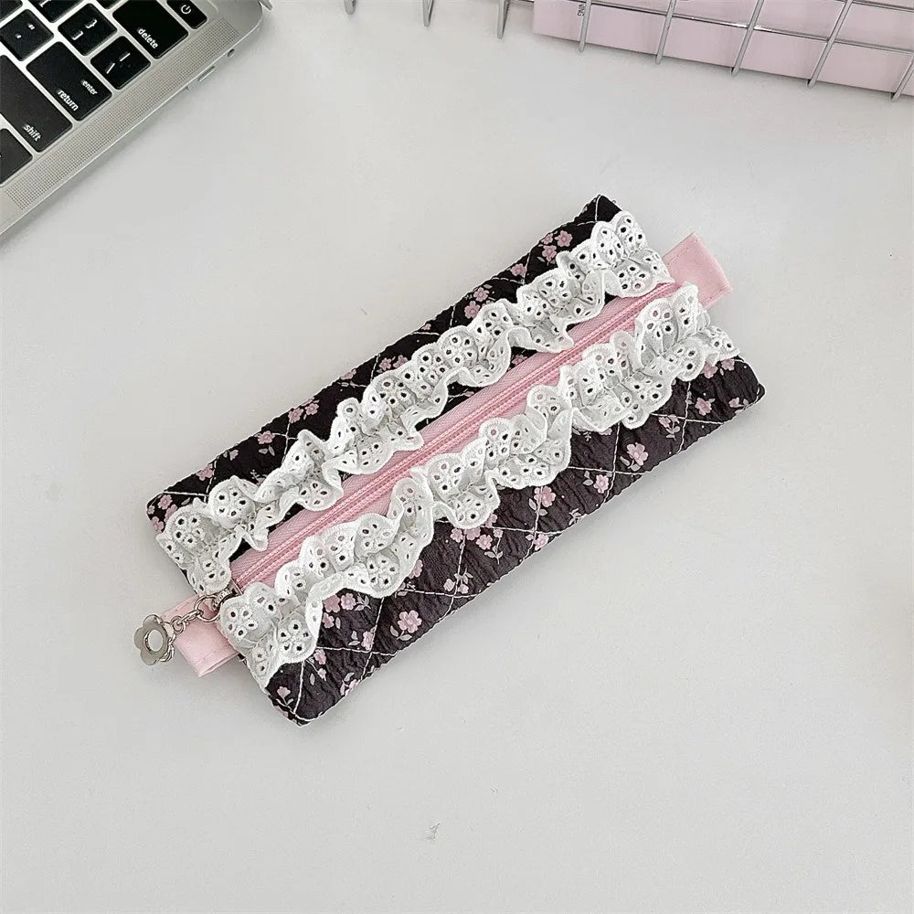 Fresh Lace Pencil Pouch Large Capacity Cosmetic Bag Flower Pattern Pen Case Makeup Bag Cartoon Stationery Storage Bag Peaceful Pleasures Health and Wellness Style G