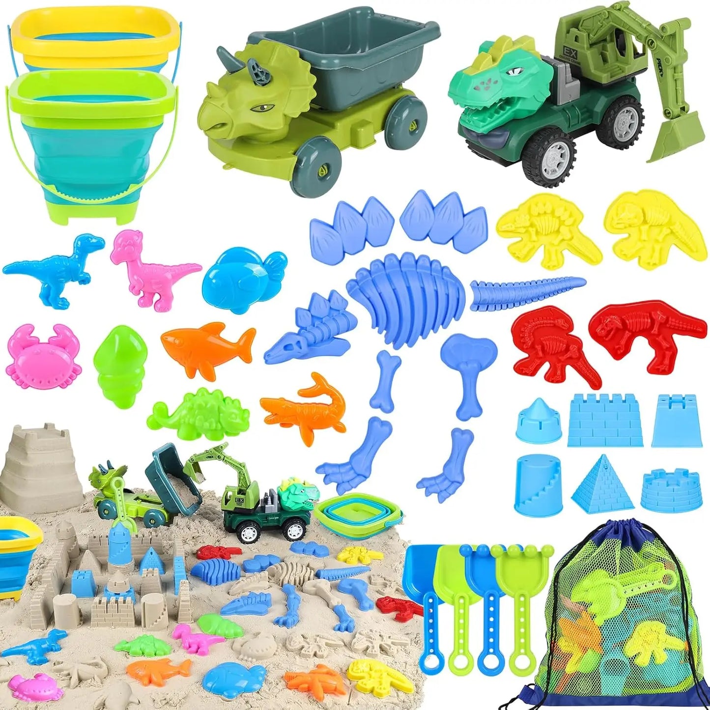 Dinosaur Beach Sand Toys Set for Kids – Bucket, Truck & Molds