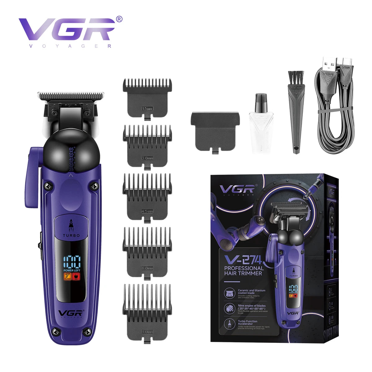 VGR high-end men's household electric hair clipper with intelligent digital display and 7000 RPM new electric push shear V-274 Peaceful Pleasures Health and Wellness