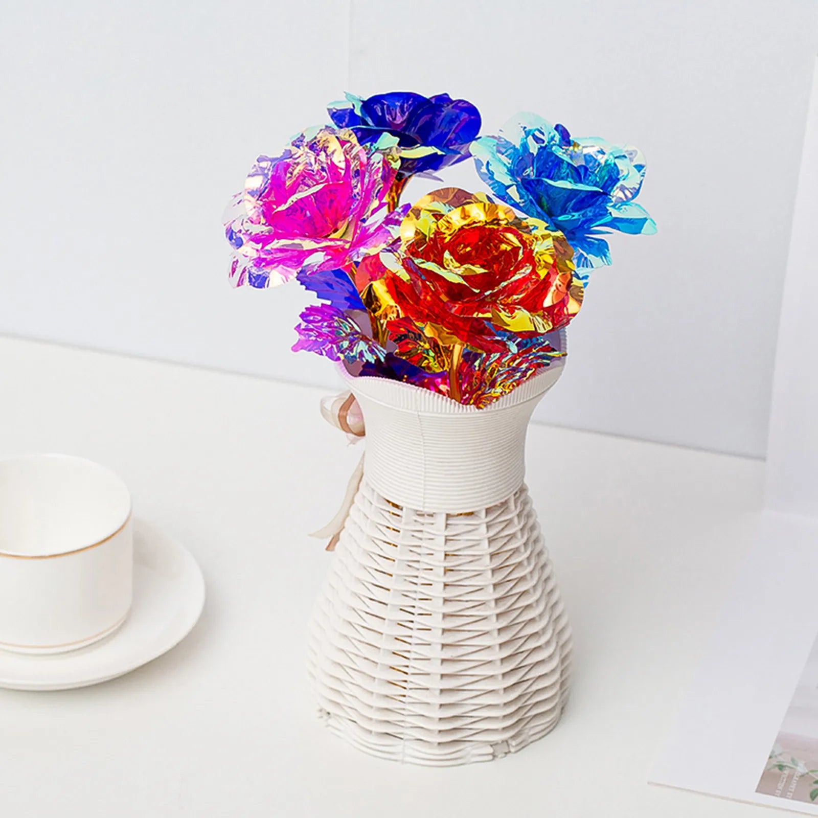5pcs Colorful Luminous Rose Artificial Led Light Flower Gold Foil Rose Rainbow Simulation Bouquet Without Gift Colgifts For Girl Peaceful Pleasures Health and Wellness