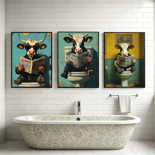 Retro Funny Cow Canvas Poster | Vintage Bathroom Wall Art Canvas Wall Art Peaceful Pleasures Health and Wellness