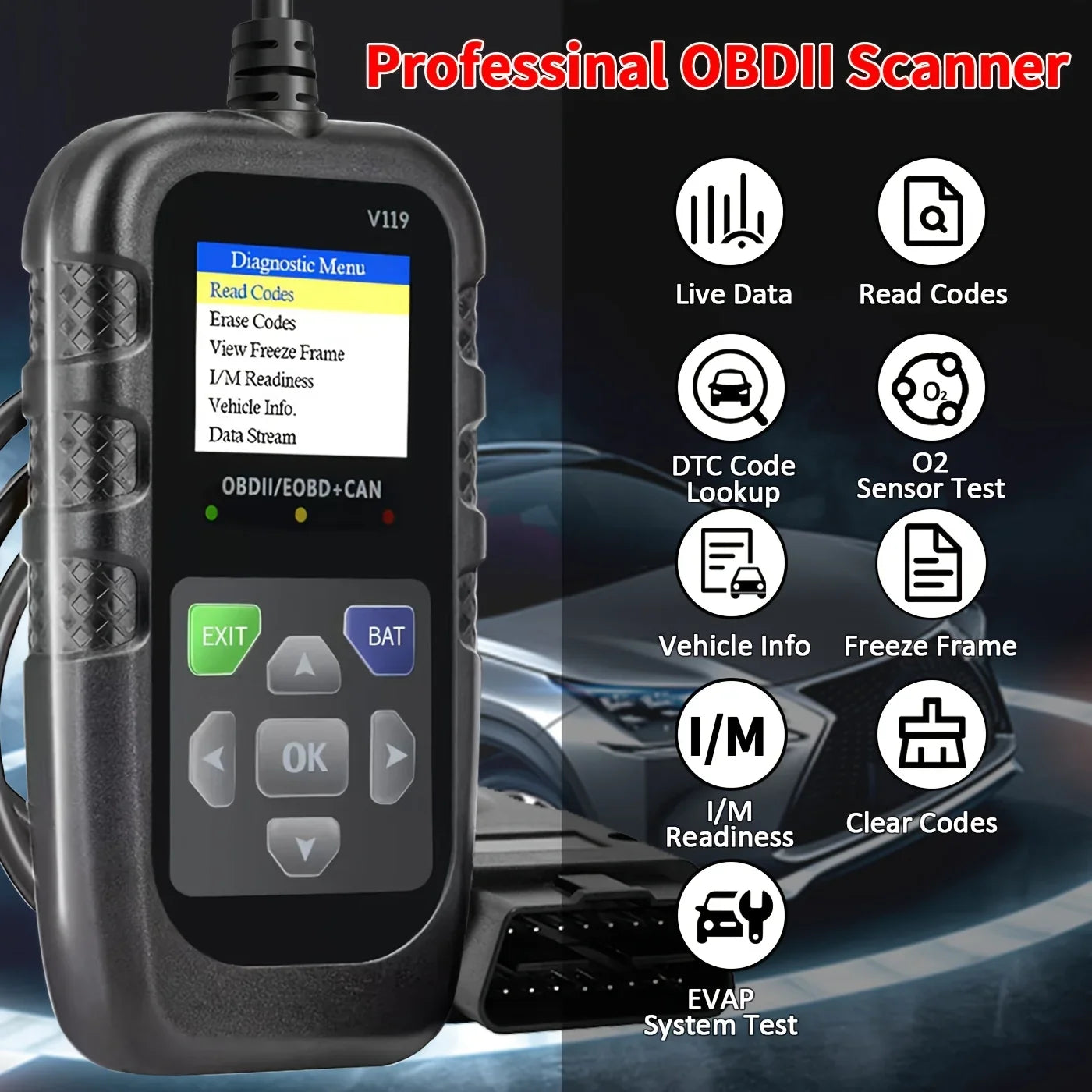 Obd2 Car Diagnostic Tool V119 - Engine Fault Code Reader and Diagnostic Tool, Compatible with All Vehicles since 1996, Supports up to 36V, No Batteries Required Peaceful Pleasures Health and Wellness