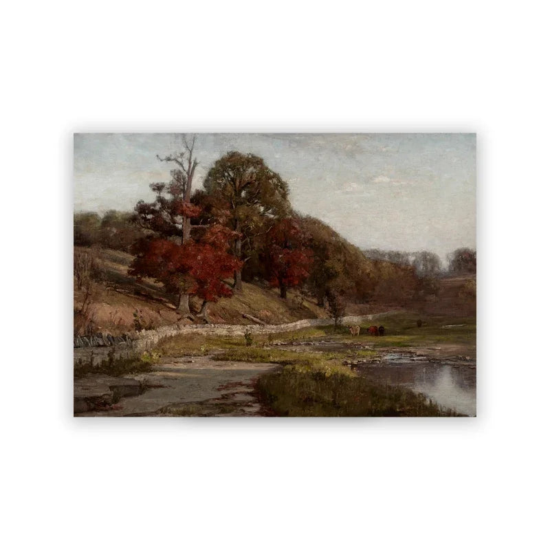 Vintage Autumn Farmhouse Landscape Canvas Print | Fall Wall Art