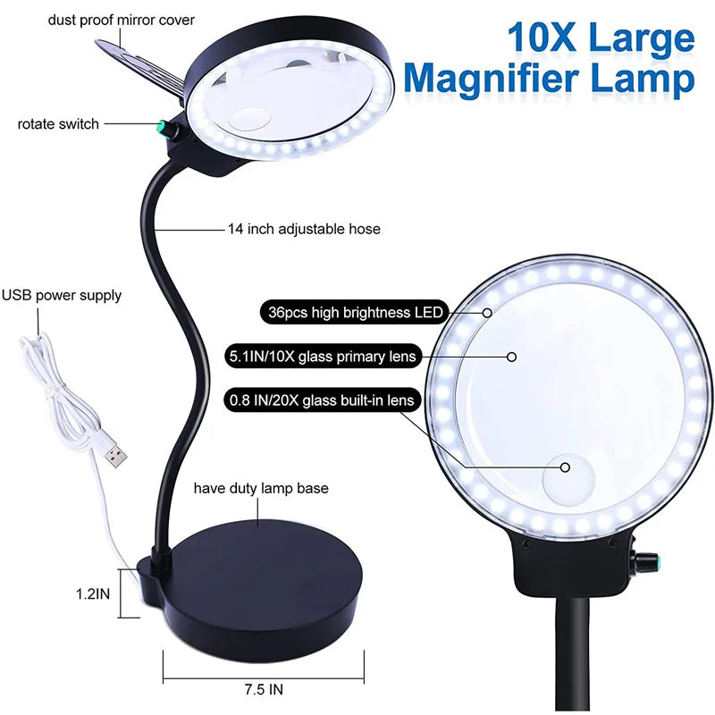 3X 10X Table Lamp Magnifying Glass 36 Led Usb Power Supply Reading Embroidery Antique Calligraphy and Painting Appreciation Peaceful Pleasures Health and Wellness black 110mm
