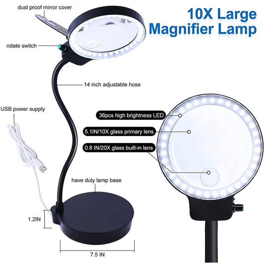 3X 10X Table Lamp Magnifying Glass 36 Led Usb Power Supply Reading Embroidery Antique Calligraphy and Painting Appreciation Peaceful Pleasures Health and Wellness black 110mm