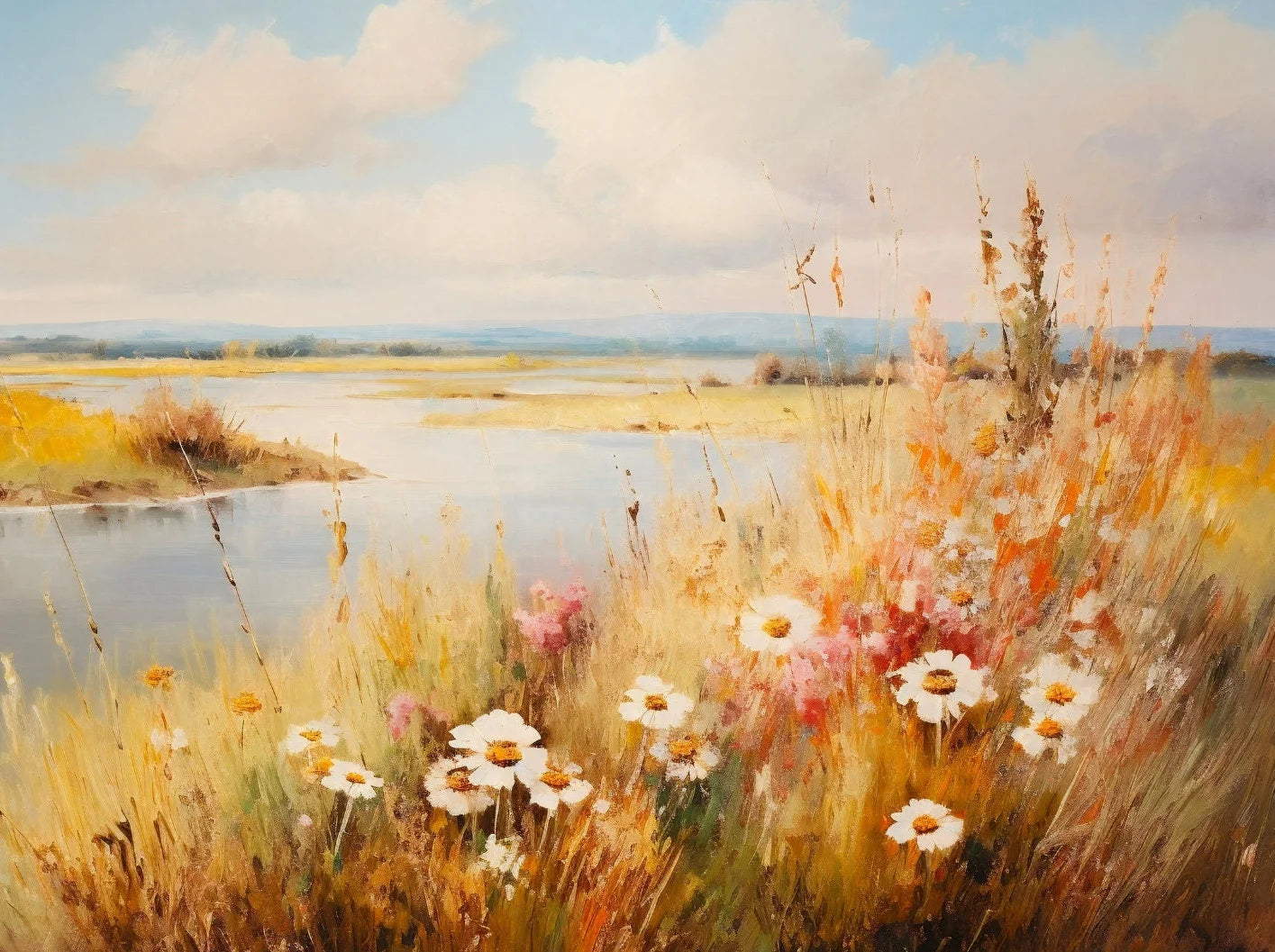 Wildflower Field Landscape Oil Poster Vintage Rustic Moody Autumn Country Scenery Canvas Painting Wall Art for Room Home Deco Peaceful Pleasures Health and Wellness