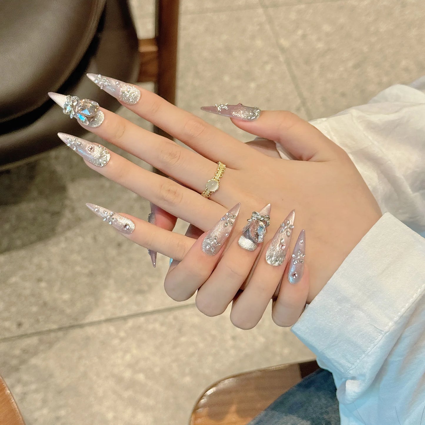 Handmade Press on Nails Shiny Pink Cat Eye Fake Nails for Women Girl Wearable Glitter Full Crystal Design False Nail Tips Peaceful Pleasures Health and Wellness