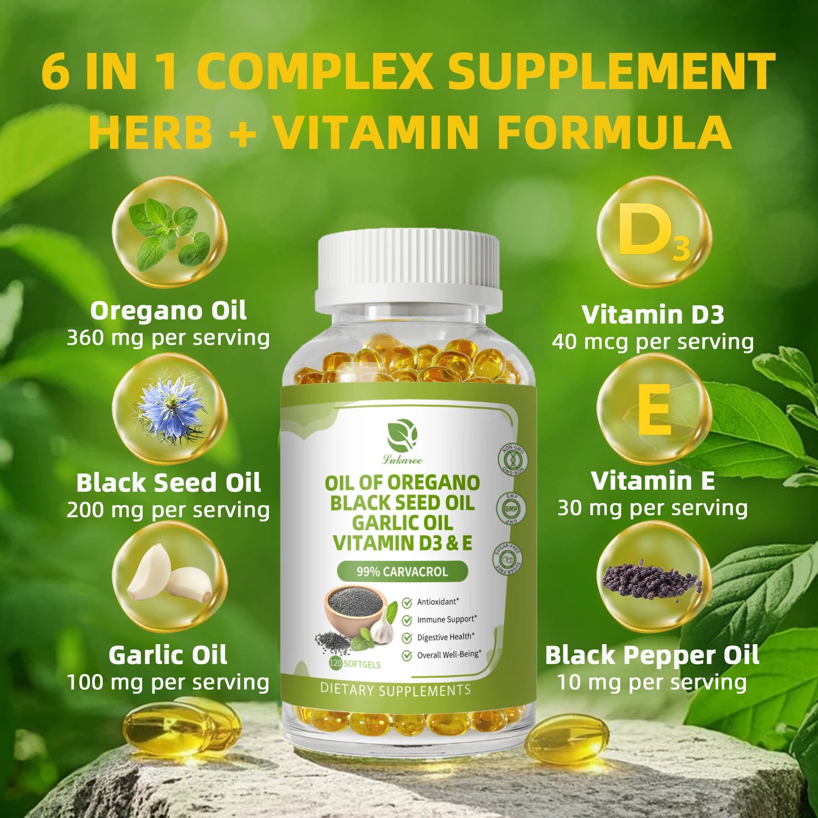 Oregano Oil Capsules 6-in-1 with Black Seed, Garlic & Vitamin D3 Peaceful Pleasures Health and Wellness