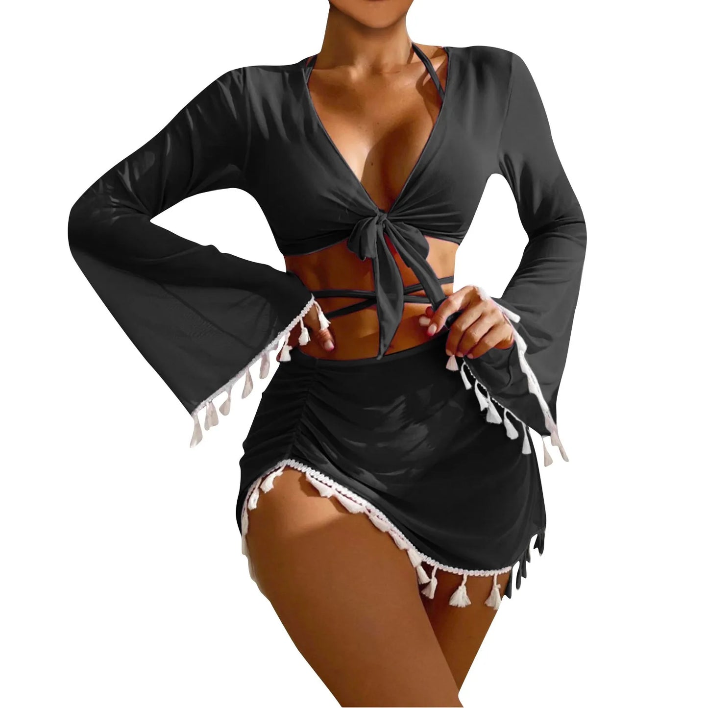 Solid Color Sexy Fashion Slim Fitting Beach Swimwear For Lady Split Lightweight Strap High Waist Pleated Cover-up Four-Piece Set Peaceful Pleasures Health and Wellness