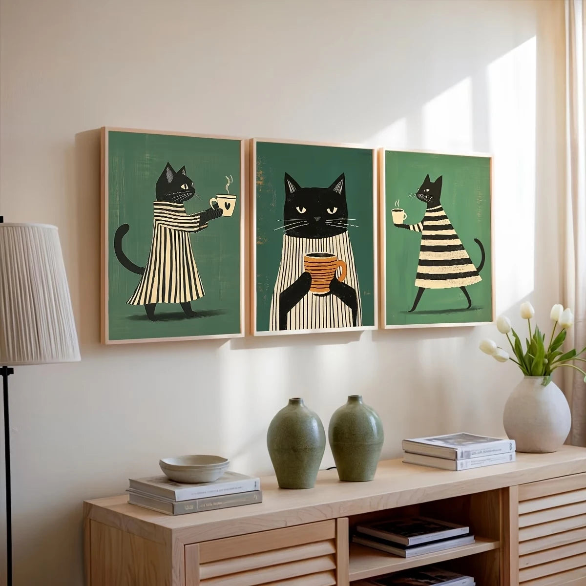 3-Piece Black Cat Coffee Canvas Wall Art | Minimalist Home Décor