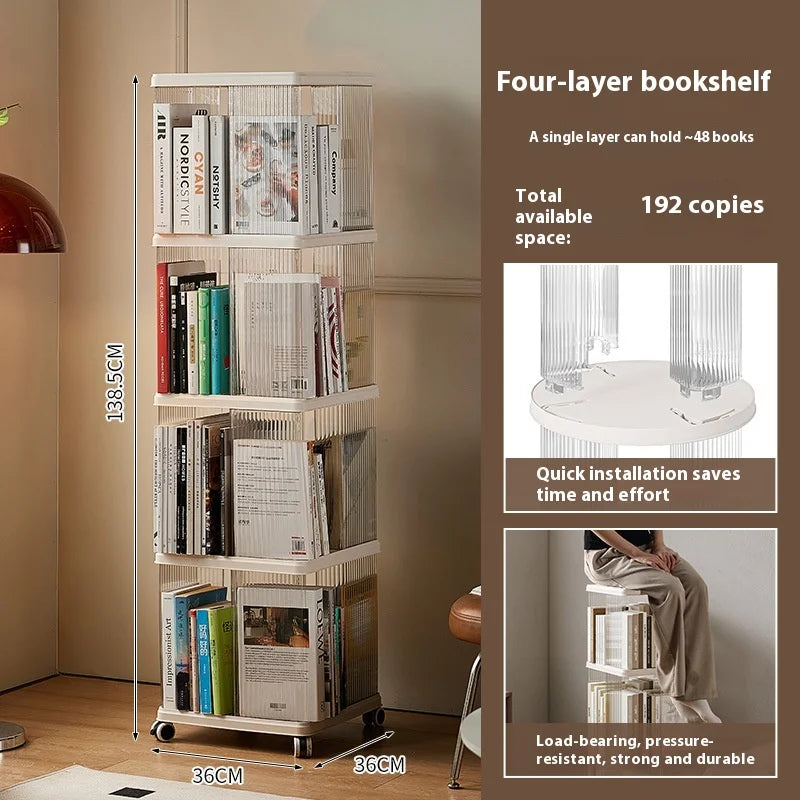 360° Rotating Bookshelf for Kids - Spacious Floor Standing Bookcase with Multi-Layer Storage for Living Room & Nursery Peaceful Pleasures Health and Wellness Square Caster 4Layer