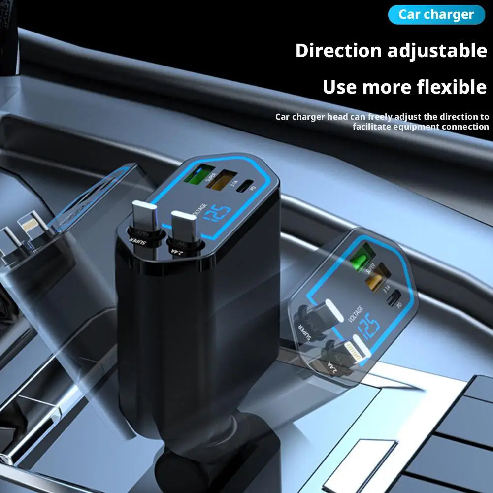 120W 4-in-1 Fast Car Charger – Retractable Cable & 2 USB Ports