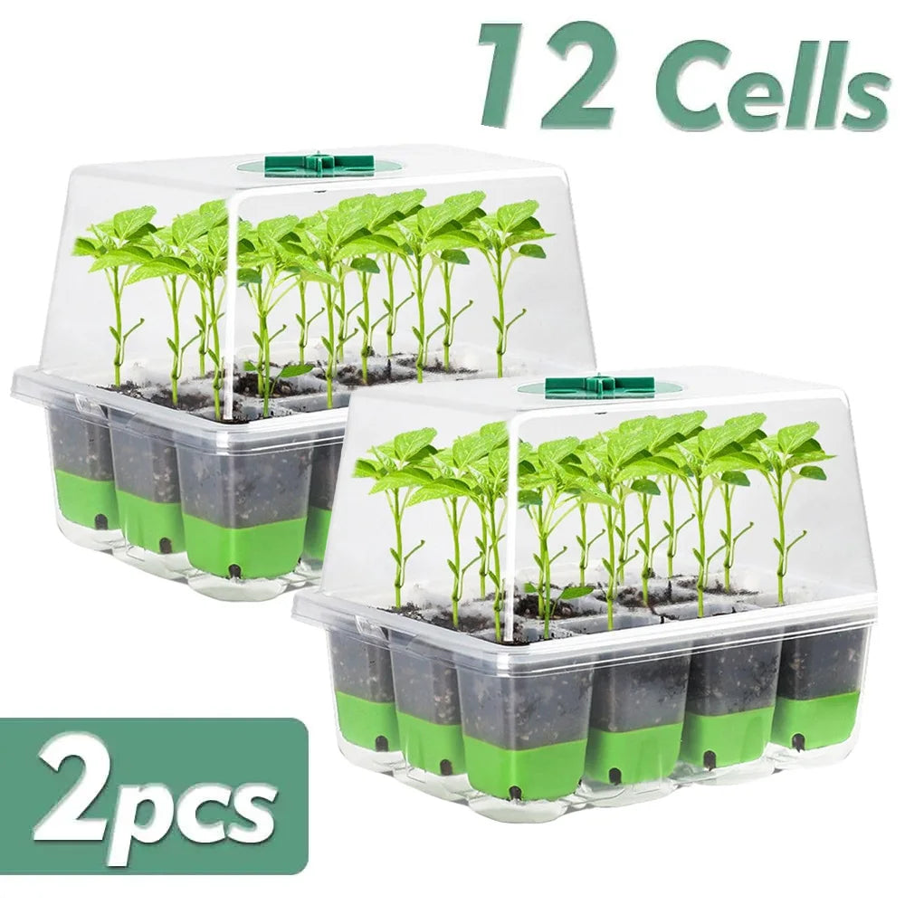 12-cell Seedling Starter Tray with Transparent Cover Garden Greenhouse Growth Potting Adjustable Humidity Germination Box Indoor Peaceful Pleasures Health and Wellness 2pcs