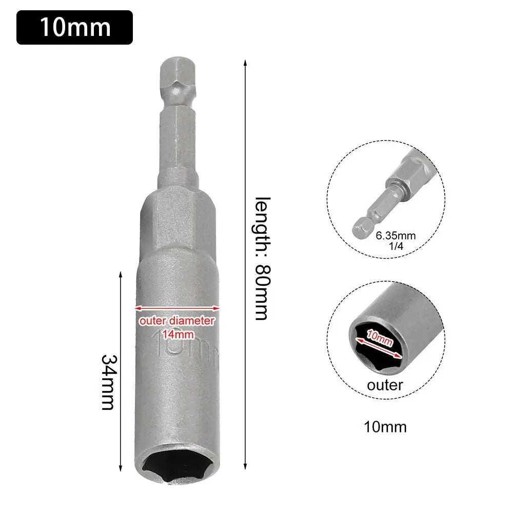 Magnetic Hex Nut Driver Bit Adapter 1/4" Shank 5.5–19mm 80mm