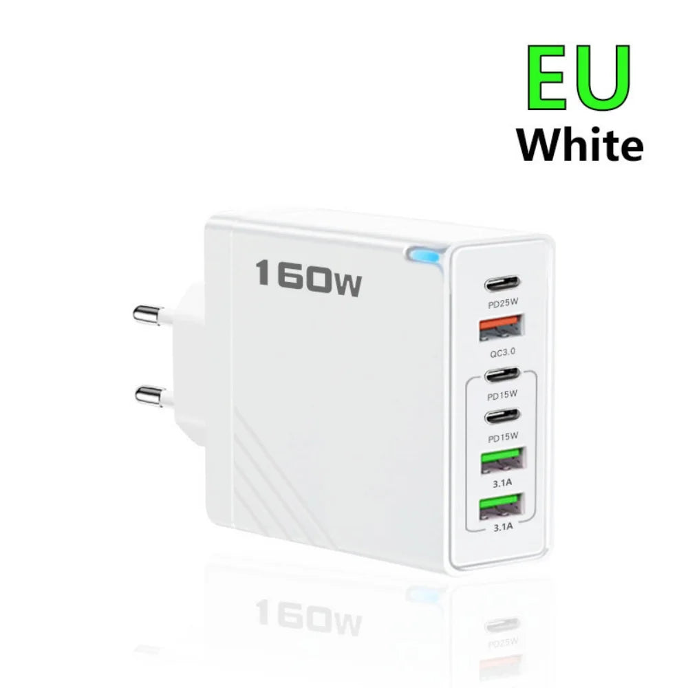 160W 6-Port USB-C Fast Charger | EU US UK Wall Adapter