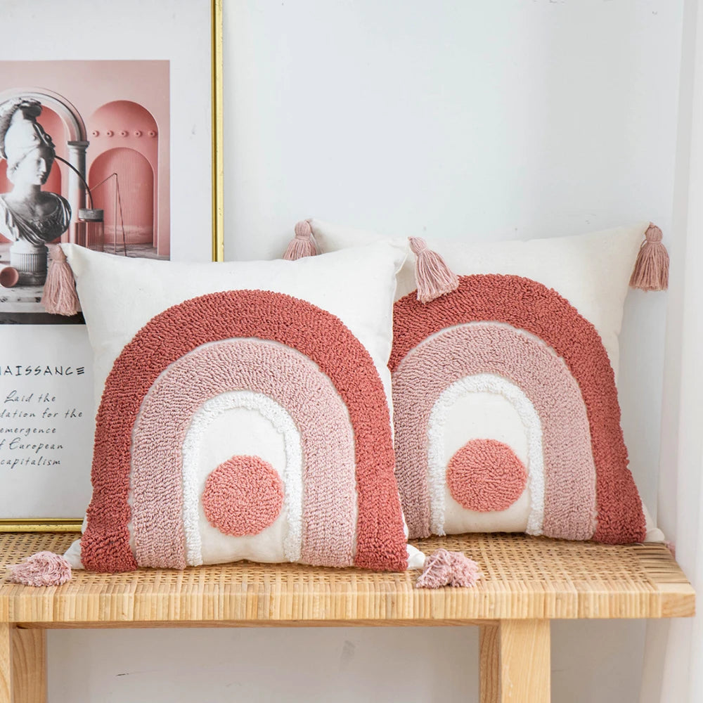 BATTILO Pink Boho Tufted Tassel Pillow Cover 18x18 | Home Decor