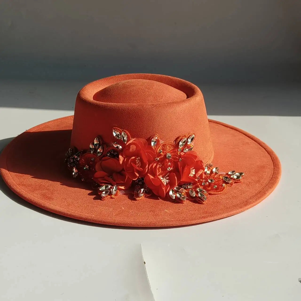Vegan Suede Fedora Hat | Rhinestone Wide Brim Pork Pie