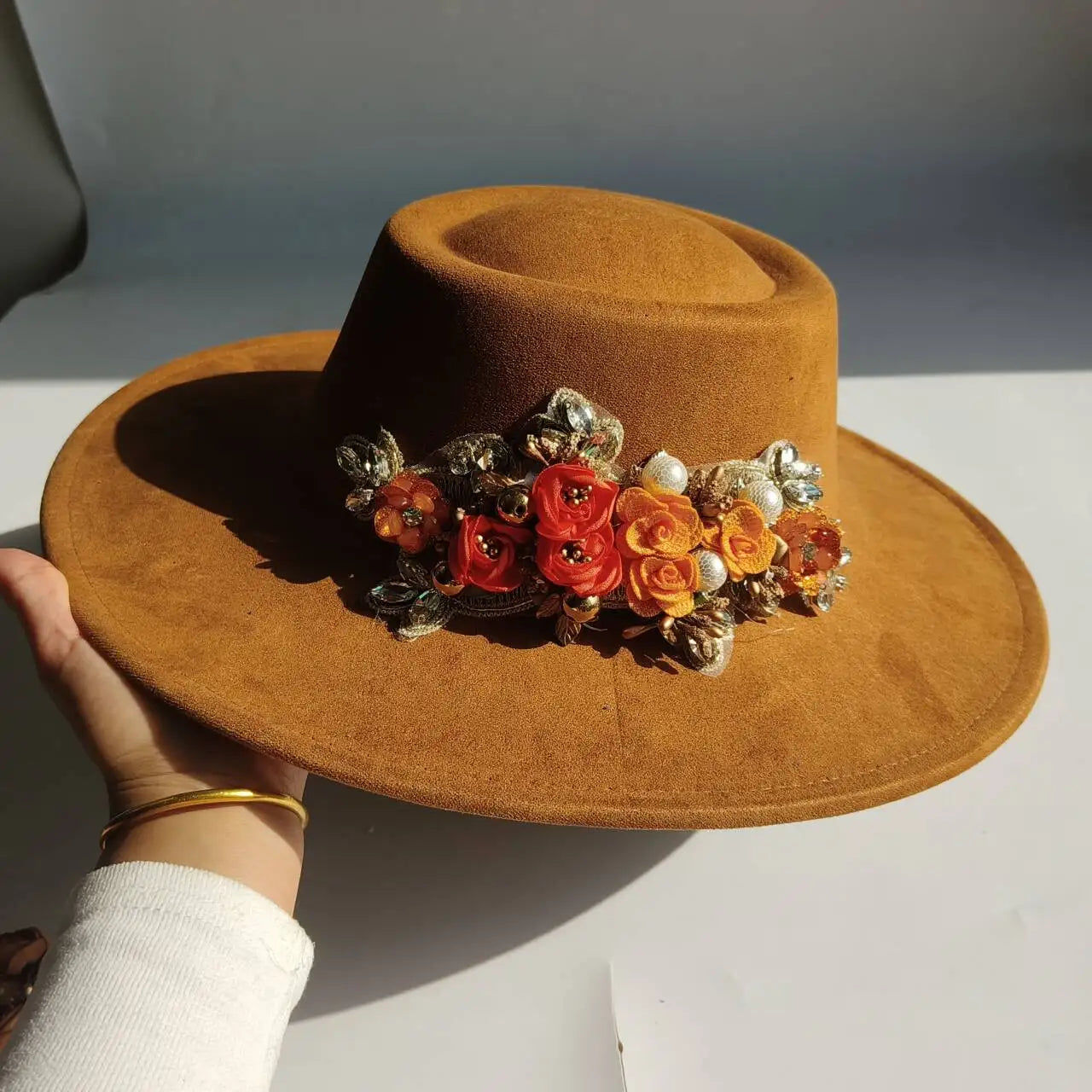 Vegan Suede Fedora Hat | Rhinestone Wide Brim Pork Pie