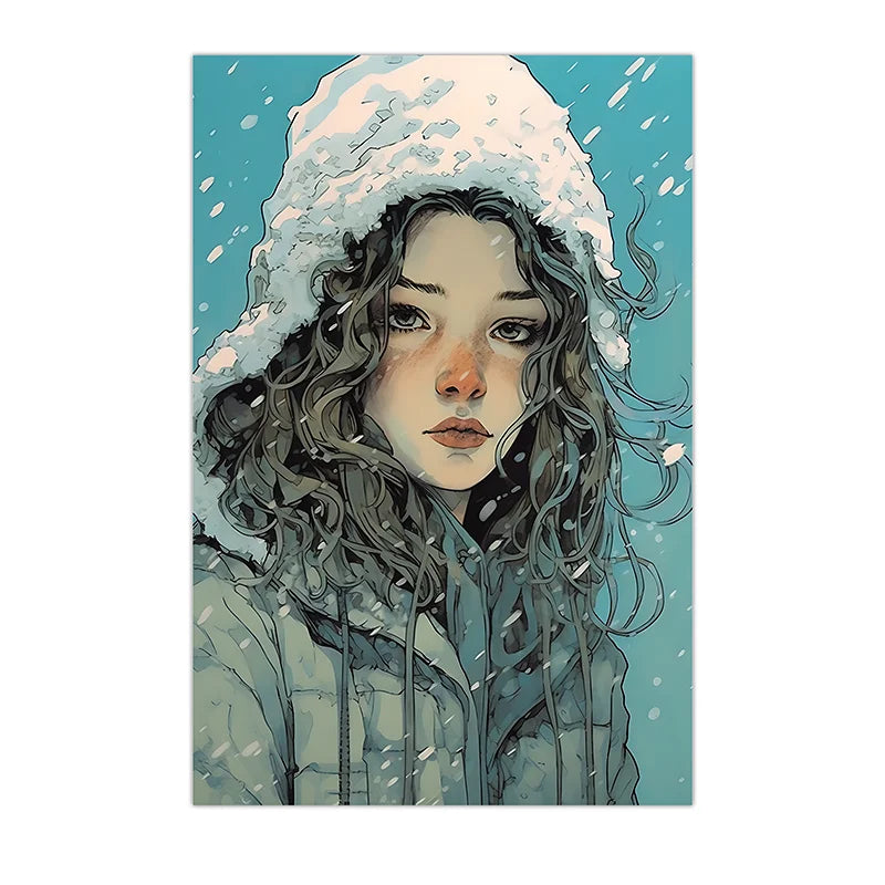 Nordic Winter Portrait Wall Art, Watercolor Girl Canvas Painting, Snowy Season Poster Print for Bedroom Living Room Décor Peaceful Pleasures Health and Wellness 02 50x70cm NoFrame China Mainland