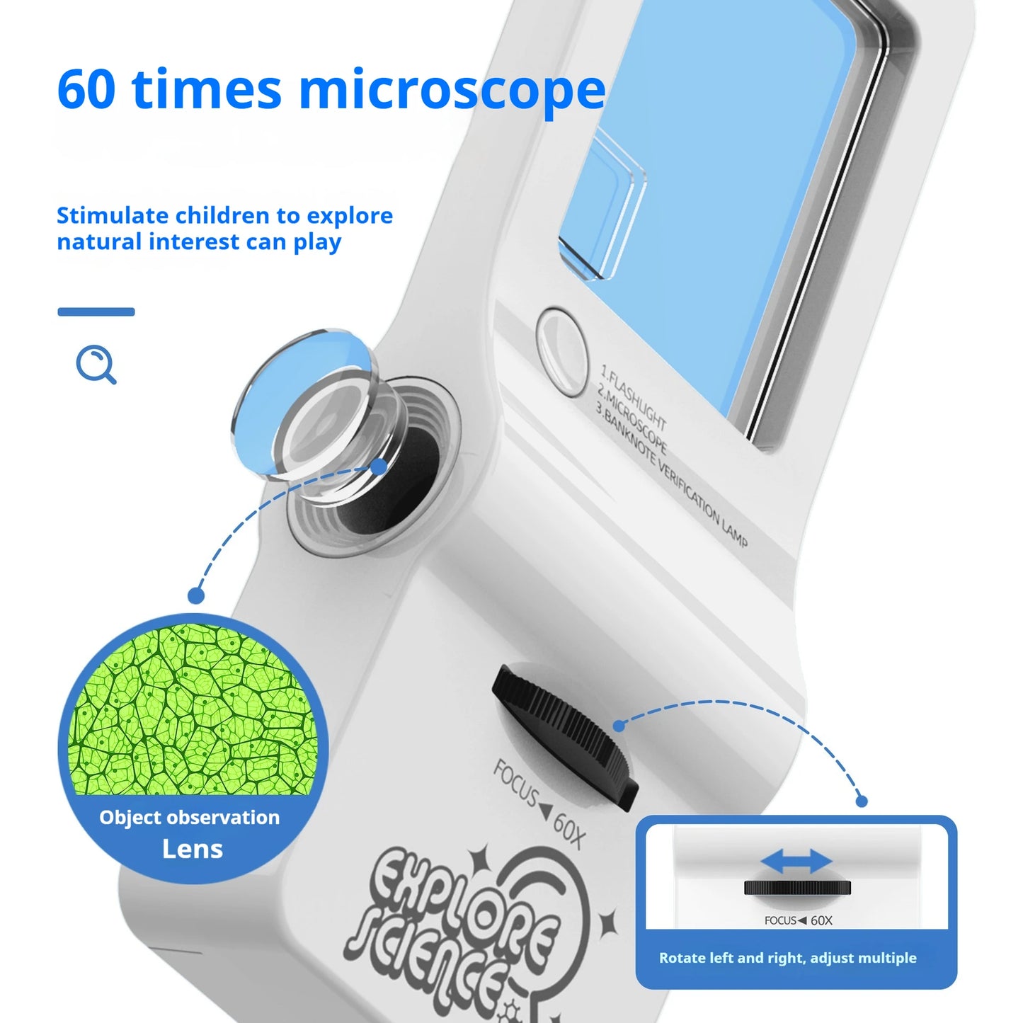 Multifunctional Microscope 4-In-1 Mini Portable Flashlight Magnifying Glass Puzzle Educational Creative Toy Peaceful Pleasures Health and Wellness
