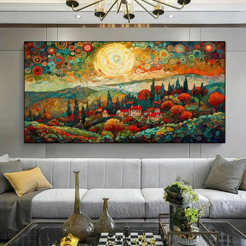 1pc Vibrant Abstract Landscape Canvas Art Frameless Wall Decor, Colorful Scenery with Swirling Sky and Autumn Trees, Room Decor Peaceful Pleasures Health and Wellness