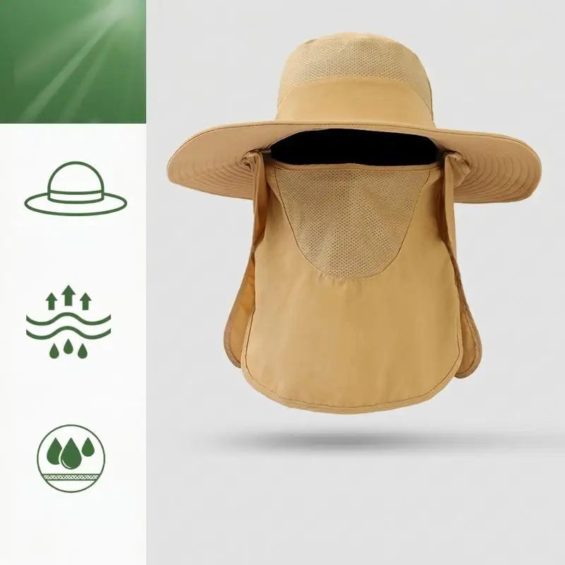 Full Coverage Sun Protection Bucket Hats Detachable Face & Neck Flap Outdoor Fishing Hats Breathable Mesh Wide Brim Headwear Peaceful Pleasures Health and Wellness khaki