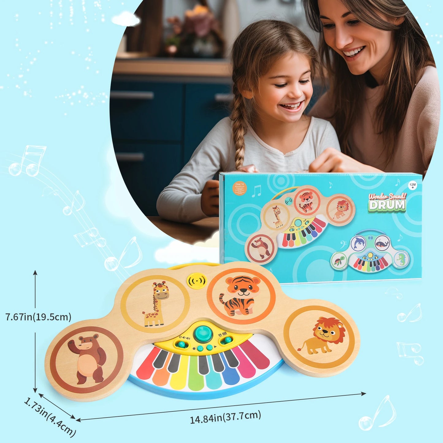 Wooden 2in1 Keyboard Piano Clapping Drum Music Light Cartoon Animals