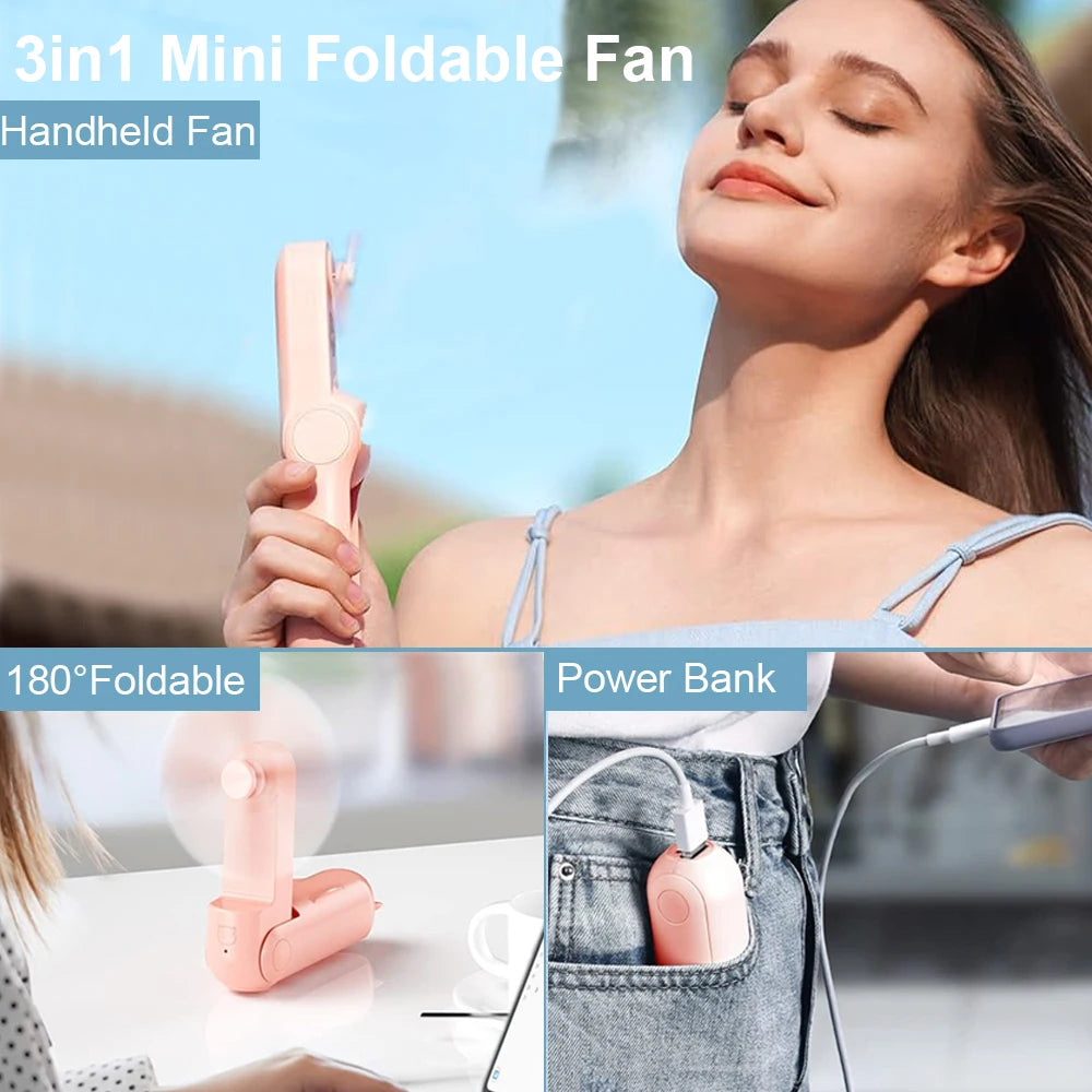 Portable Fan 2000mAh USB Rechargeable 3 Speed Mini Handheld Foldable Fan Hand Held Small Pocket Travel Fan with Handy Power Bank Peaceful Pleasures Health and Wellness