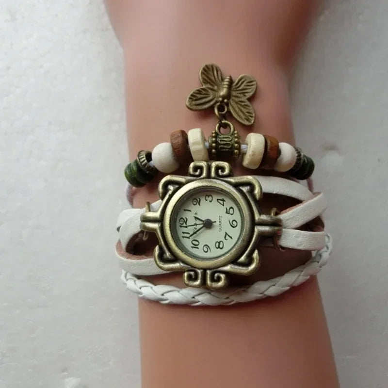 Retro Leather Hand Woven Lady Watch Antique Copper Thin Strap