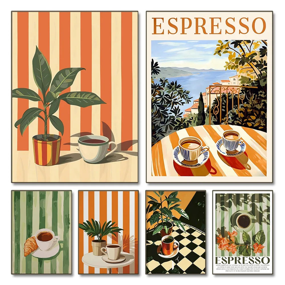 1pc Frameless Retro Coffee Printing,Warm Stripes,Food and Beverage Kitchen Poster,Restaurant Art,Coffee Lover Gift,Minimalist Peaceful Pleasures Health and Wellness