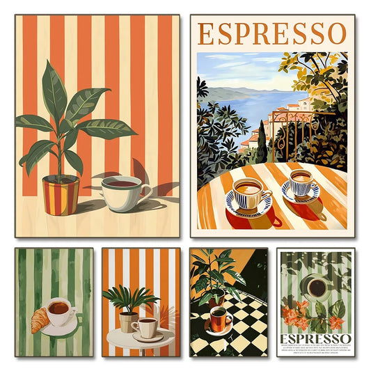 1pc Frameless Retro Coffee Printing,Warm Stripes,Food and Beverage Kitchen Poster,Restaurant Art,Coffee Lover Gift,Minimalist Peaceful Pleasures Health and Wellness