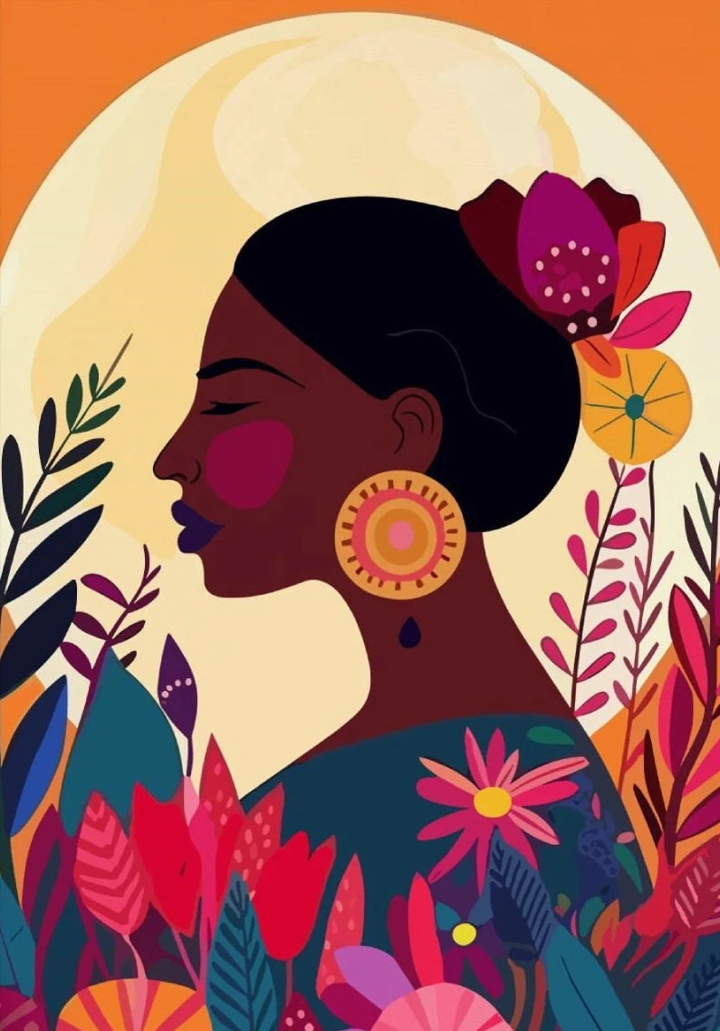 Latina Woman Floral Canvas Wall Art | Ethnic Maximalist Print