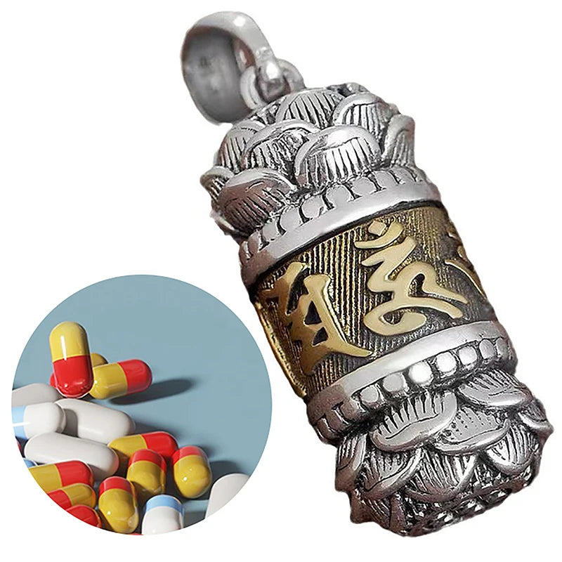 1Pc Hollow Copper Plated Lotus Sutra Cylinder Pendant Keychain Handmade Vintage Pill Box Container Bottle Peaceful Pleasures Health and Wellness