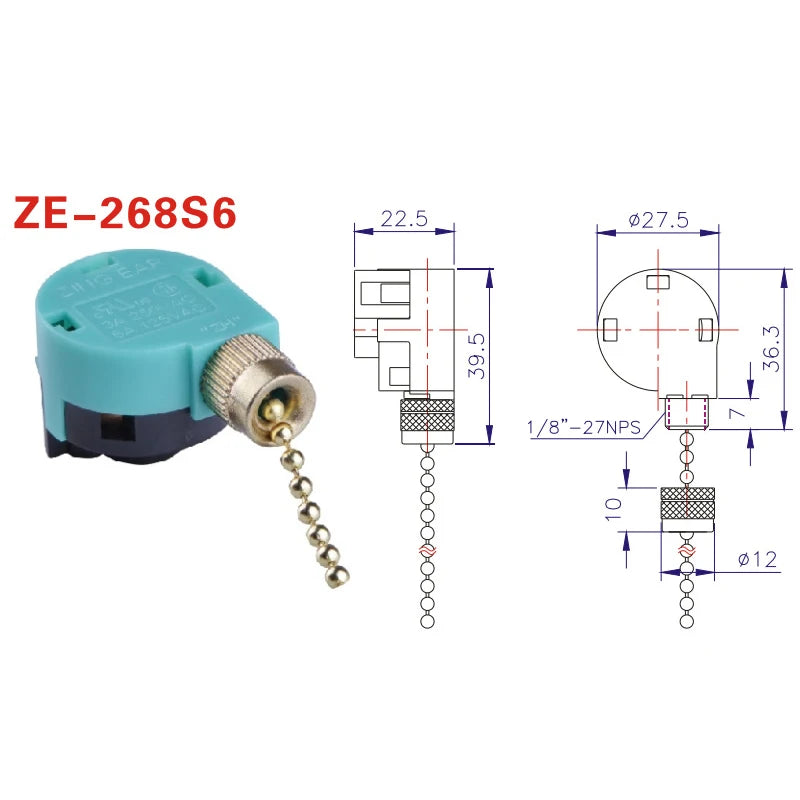 ZE-268S6 Ceiling Fan Pull Chain Switch 3-Speed 4-Wire Replacement