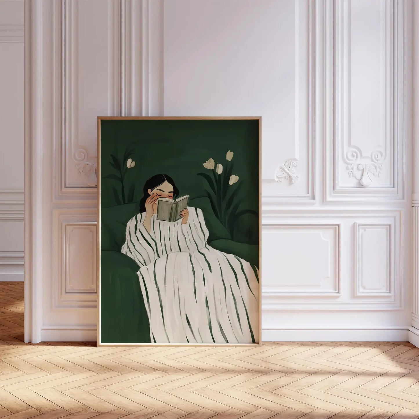 Emerald Green Reading Woman Canvas Wall Art | Minimalist Print